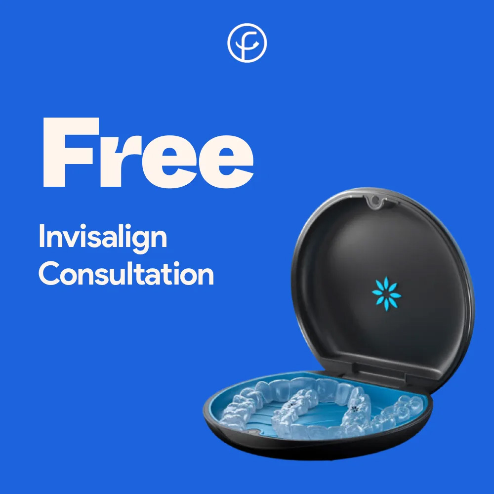 The image shows a product called Free Invisalign Consultation displayed on a blue background with white text and a logo, featuring an open box with a clear tray containing multiple aligners for dental treatment.