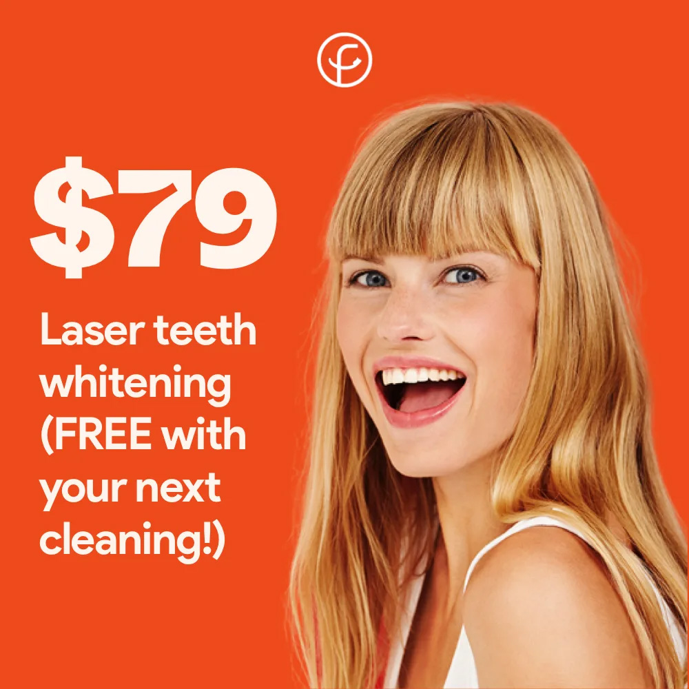 The image features a woman with blonde hair smiling at the camera, wearing a white top. She has fair skin and appears to be in her late twenties or early thirties. In the background, there s text that reads 79 laser whitening and free with your next cleaning, suggesting an advertisement for dental services. The text is overlaid on the image.