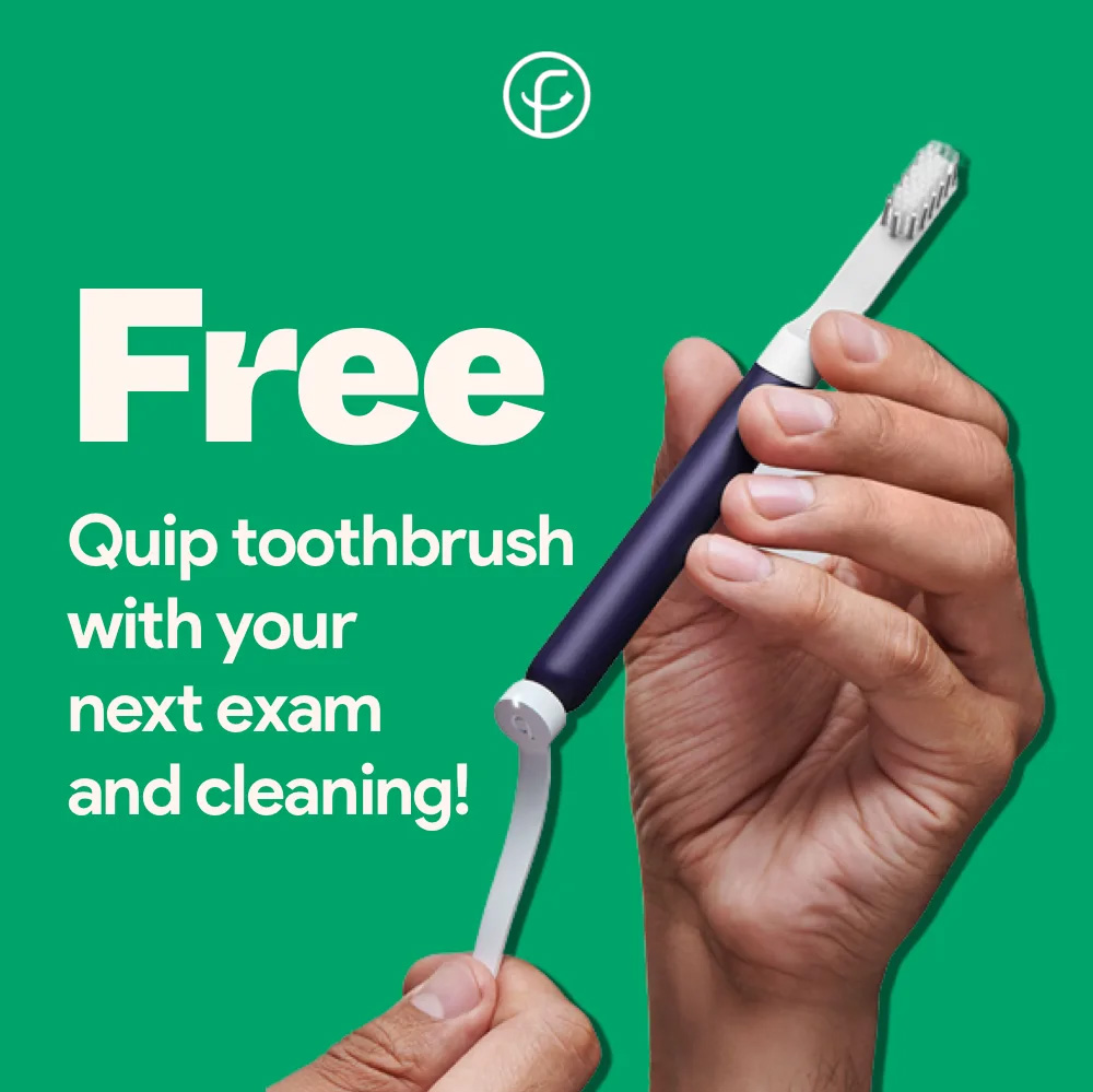 The image shows a hand holding an electric toothbrush with a blue handle and white bristles, accompanied by a tube of toothpaste with a message about free dental care and instructions on how to use the toothbrush for cleaning teeth and maintaining oral hygiene.